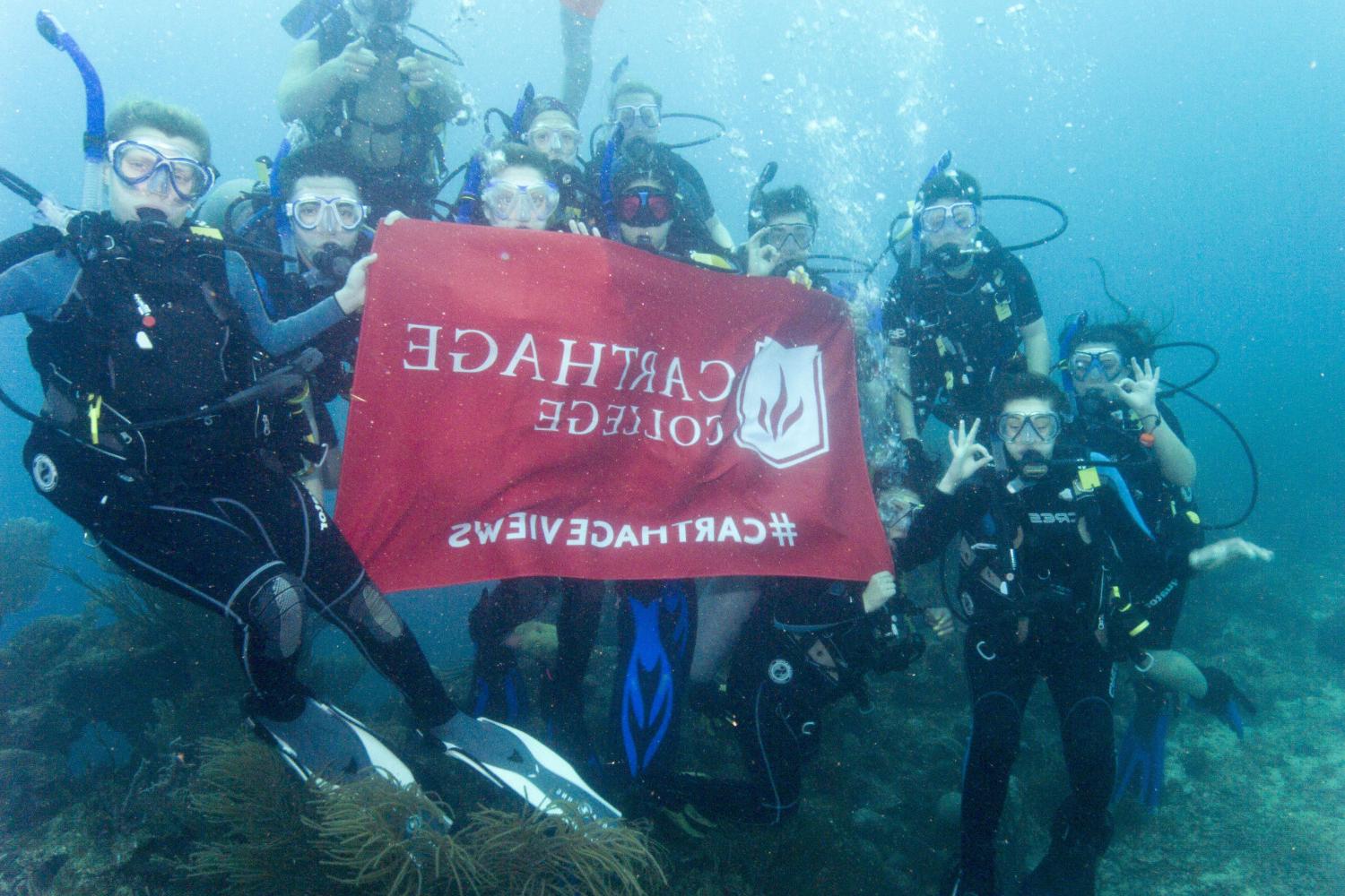 学生们手持<a href='http://5qhk.lcxjj.net'>bv伟德ios下载</a>旗帜，在j学期洪都拉斯游学之旅中潜水.